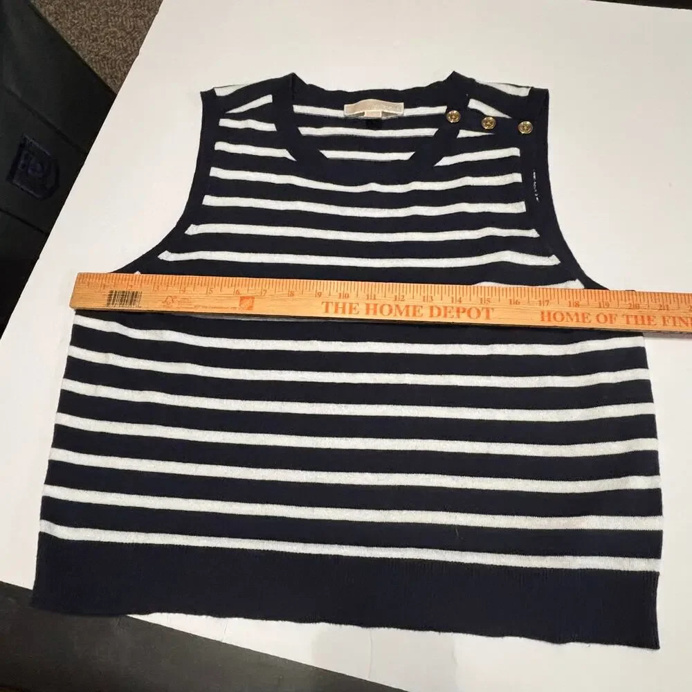 Michael Kors Navy White Stripe Sleeveless Knit Top XL Gold Button Shoulder